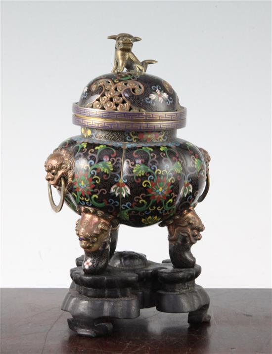 A Chinese cloisonne enamel tripod censer and cover, c.1910,